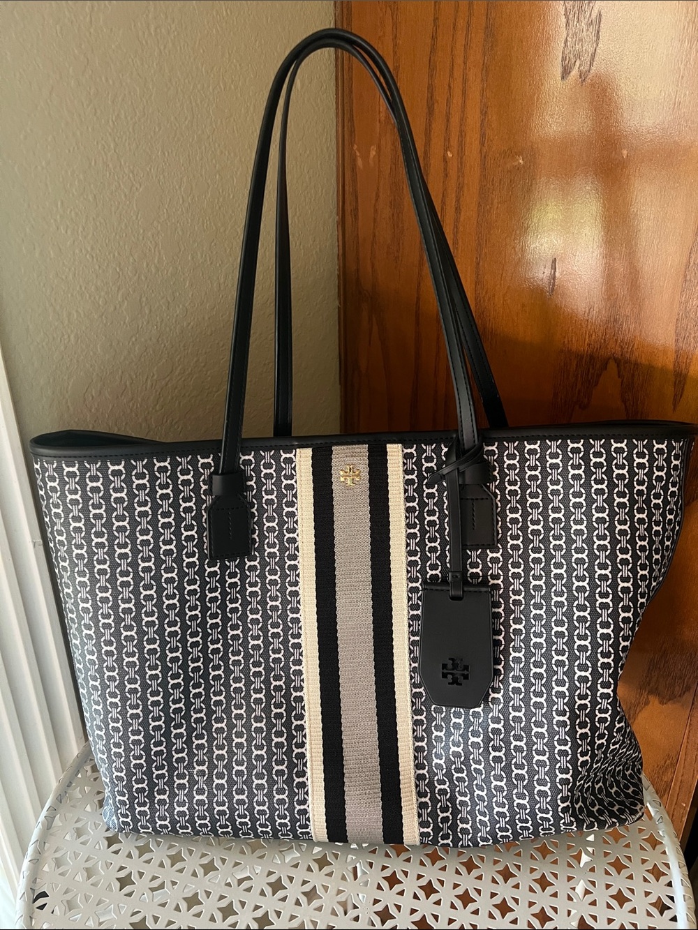 Tory Burch Black and White Logo Stripe Tote with Center Accent